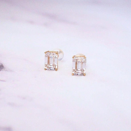 14K Gold Emerald Cut Moissanite Millie Stud Earrings | 1CT Each Solitaire
