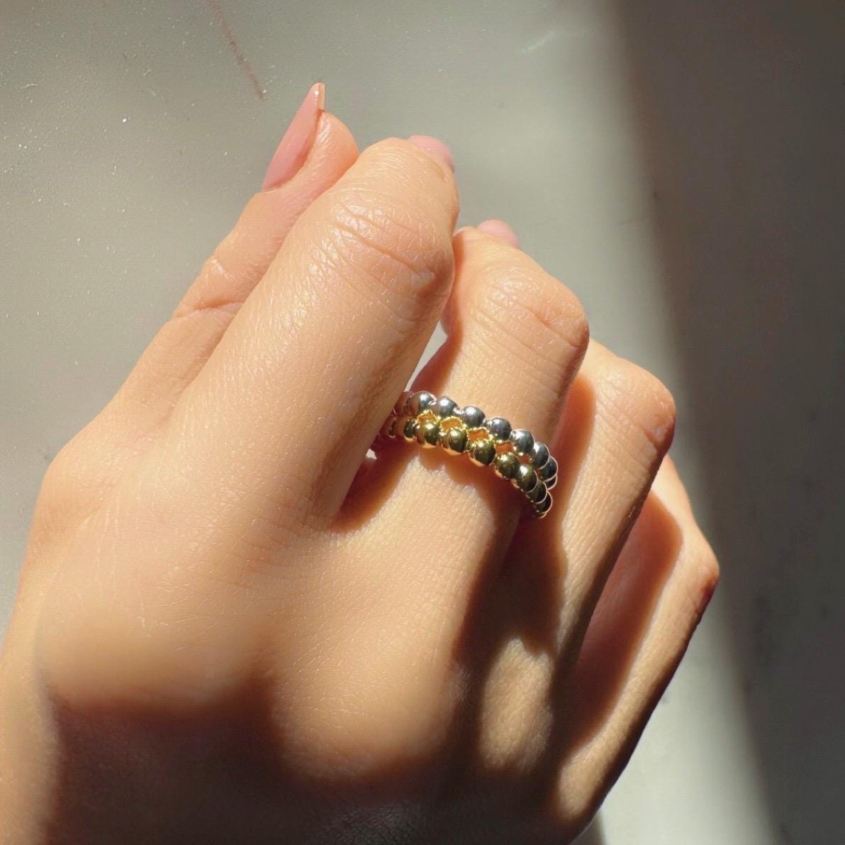 18K Gold Plated Sterling Silver Beaded Adjustable Eliza Ring – Minimalist Dainty Band