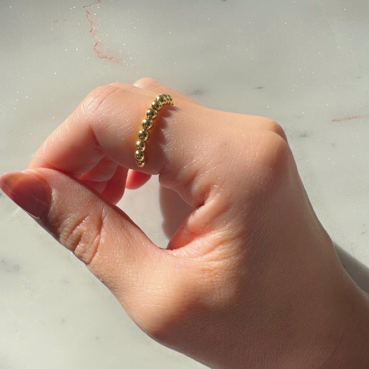 18K Gold Plated Sterling Silver Beaded Adjustable Eliza Ring – Minimalist Dainty Band