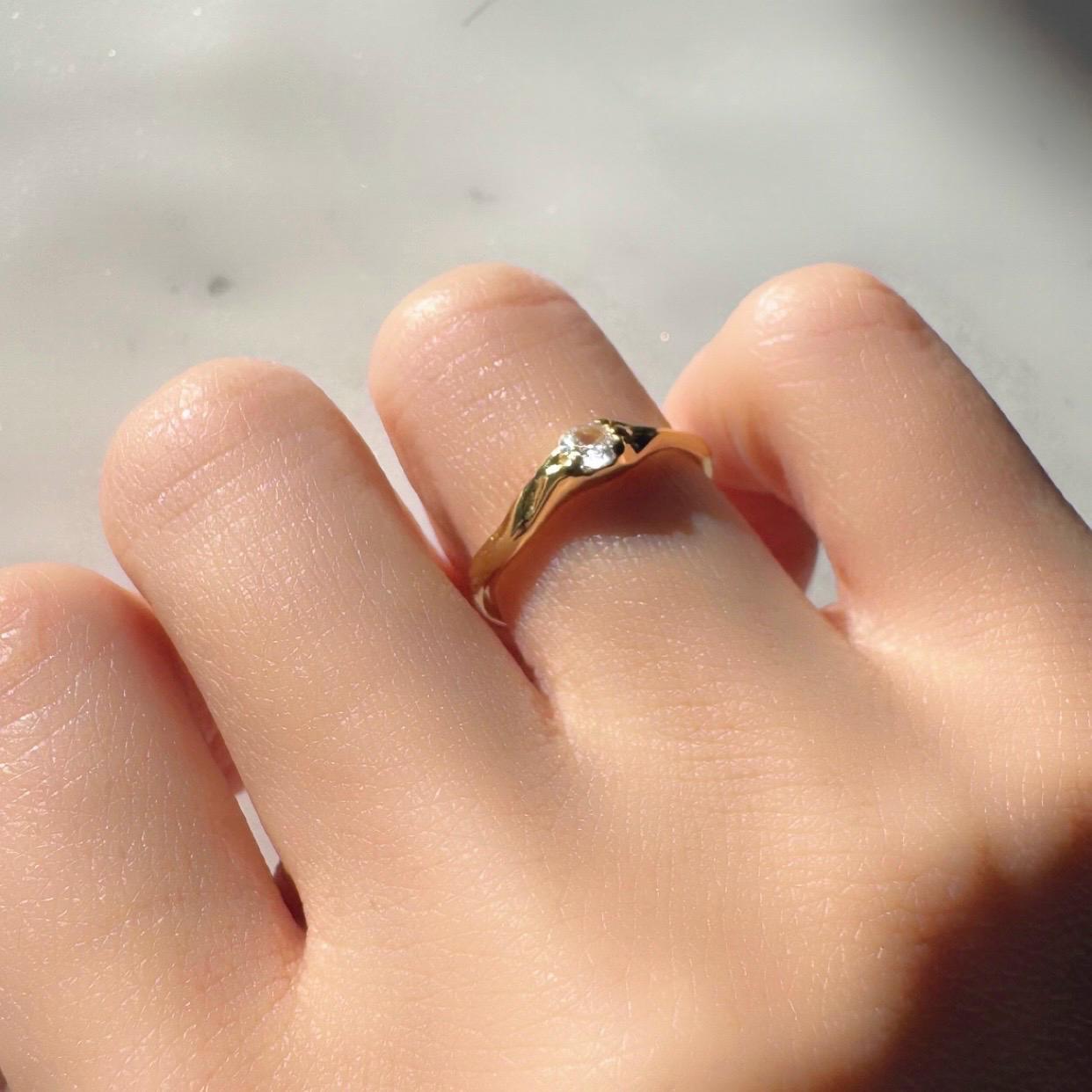 14K Gold Plated Sterling Silver Adjustable Juniper Ring with Zircon – Delicate Minimalist Everyday Jewelry