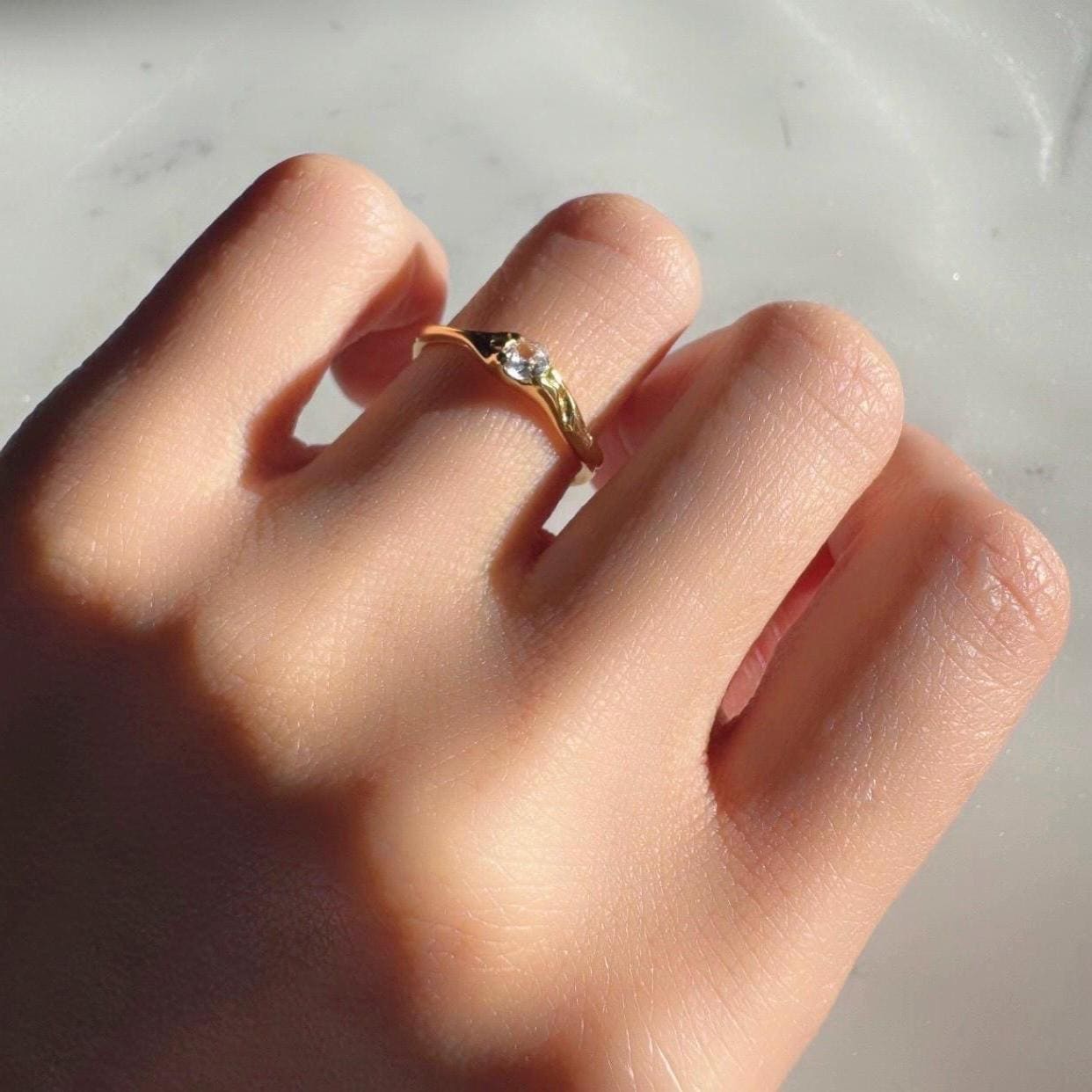 14K Gold Plated Sterling Silver Adjustable Juniper Ring with Zircon – Delicate Minimalist Everyday Jewelry