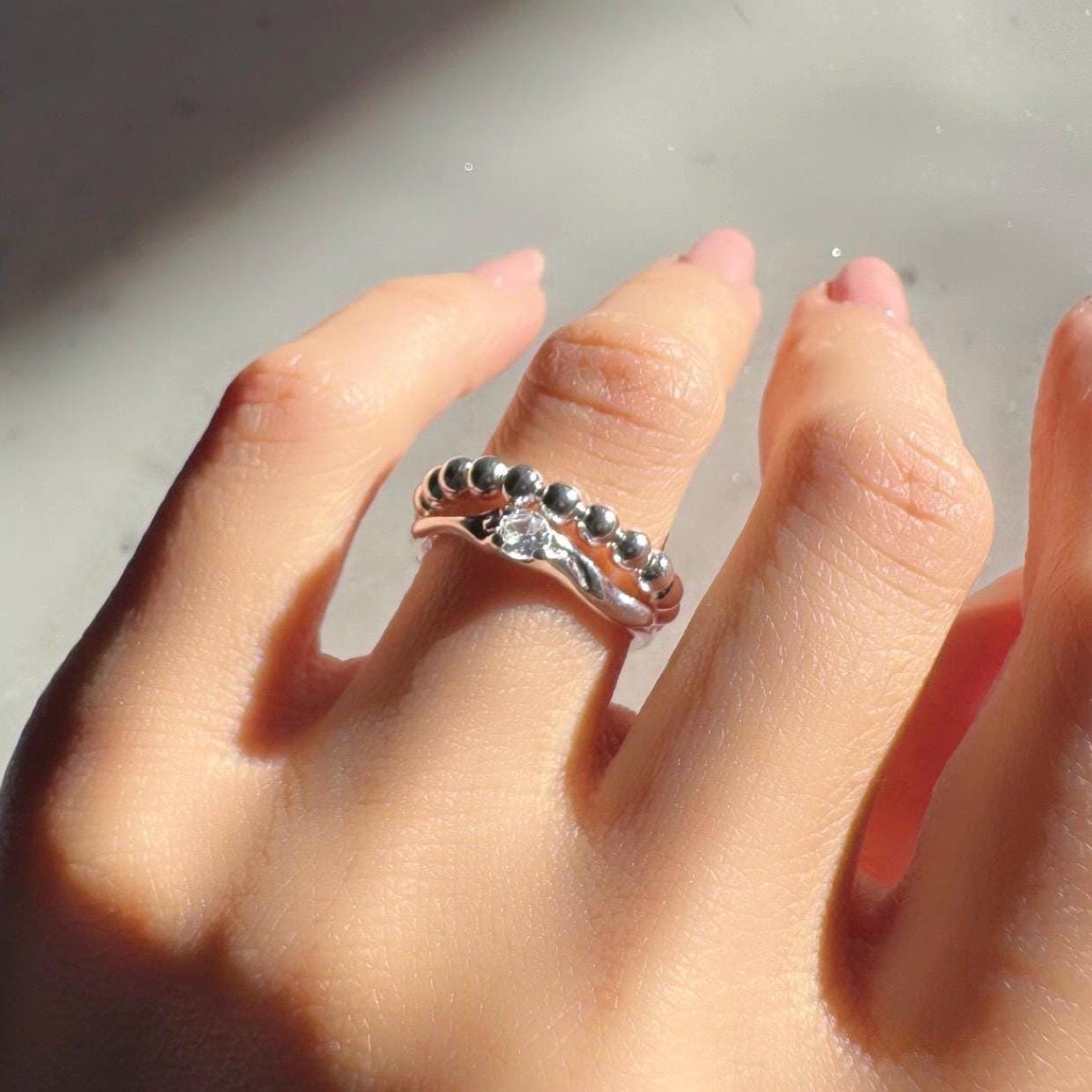 Sterling Silver Beaded Adjustable Eliza Ring – Minimalist Dainty Band