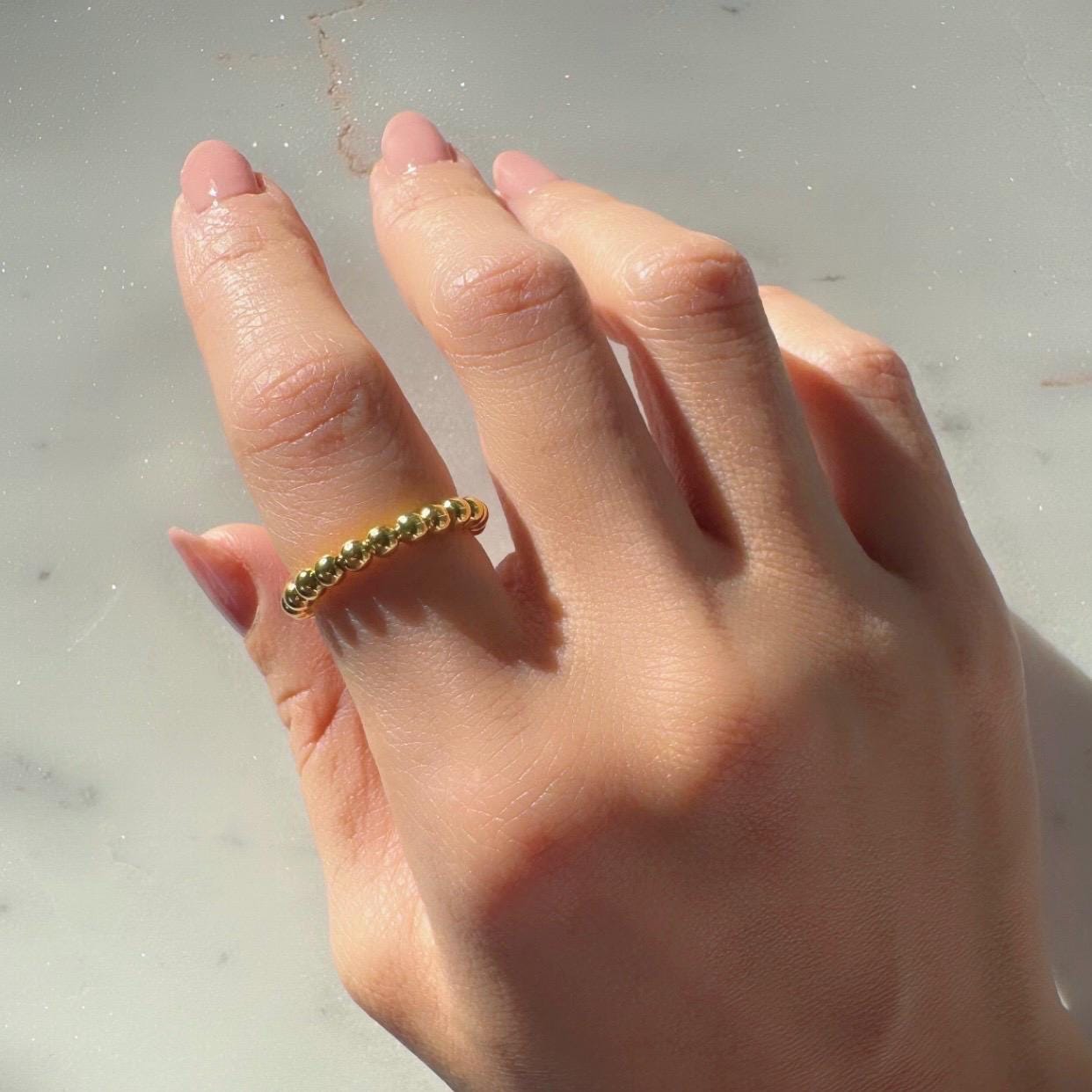 18K Gold Plated Sterling Silver Beaded Adjustable Eliza Ring – Minimalist Dainty Band