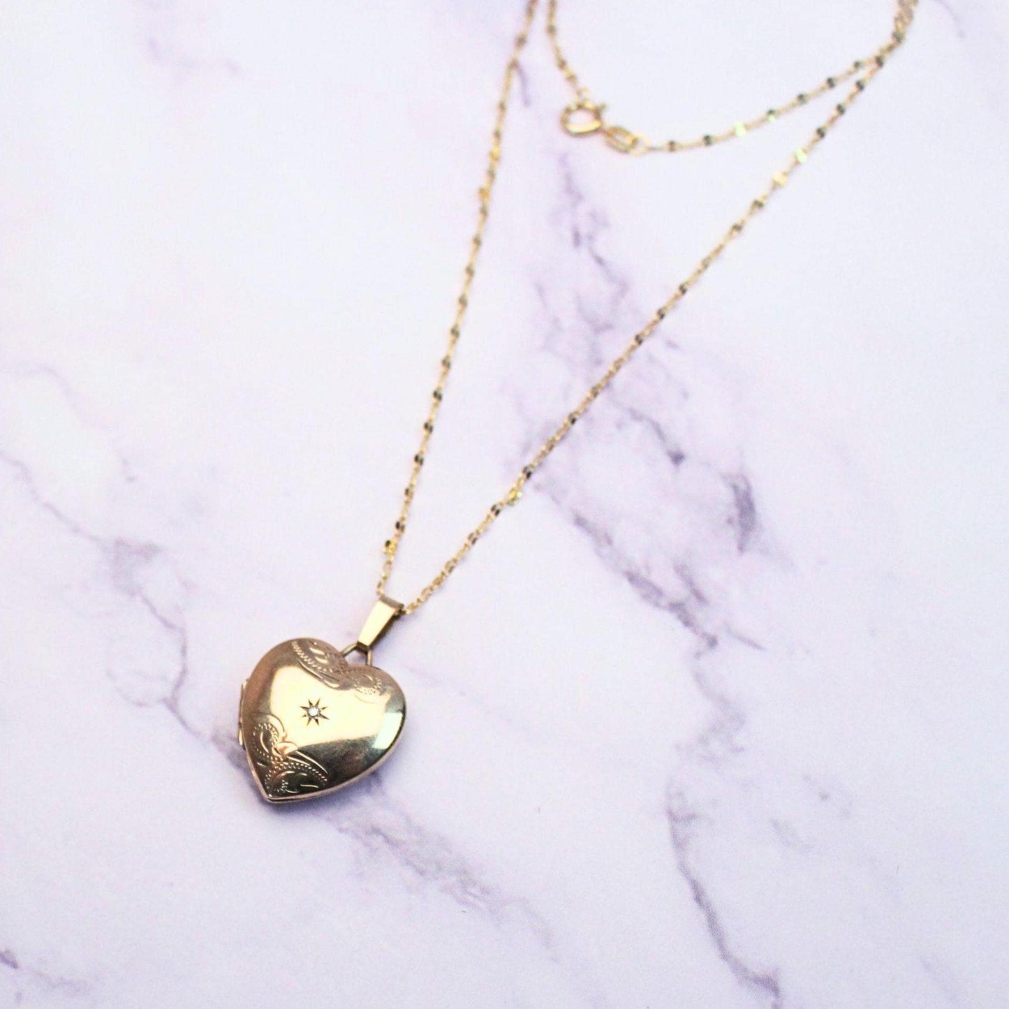 Vintage 9K Gold Heart Locket Necklace, Diamond Starburst Engraved, 10K Gold Chain