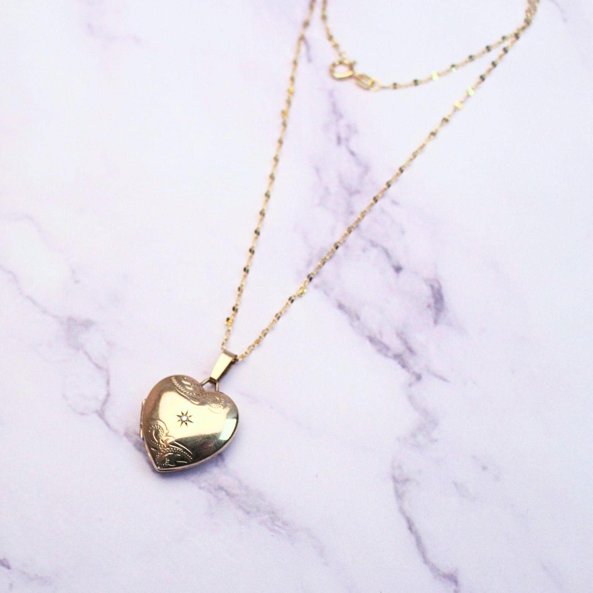 Vintage 9K Gold Heart Locket Necklace, Diamond Starburst Engraved, 10K Gold Chain