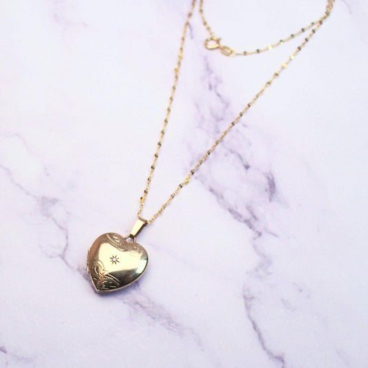 Vintage 9K Gold Heart Locket Necklace, Diamond Starburst Engraved, 10K Gold Chain
