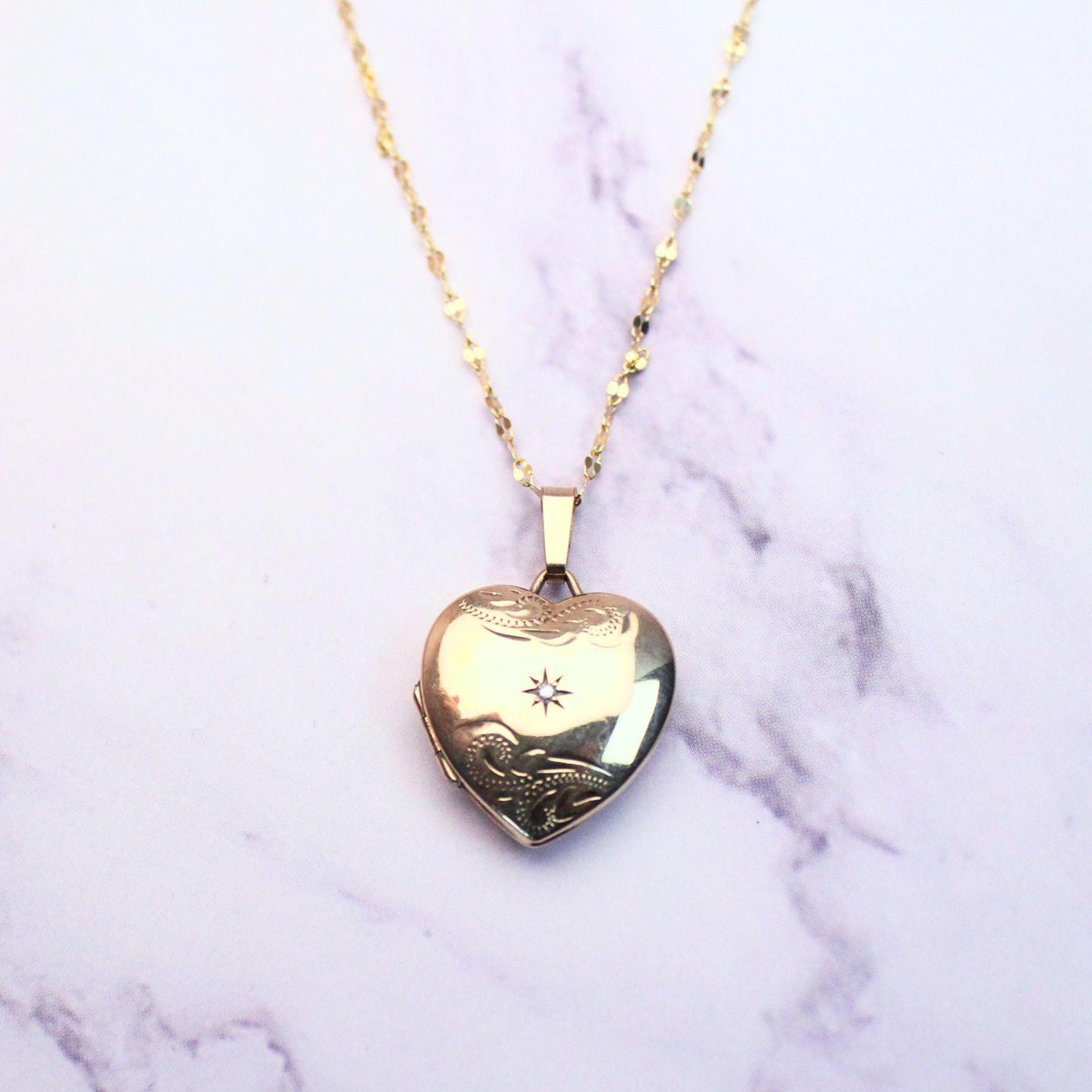 Vintage 9K Gold Heart Locket Necklace, Diamond Starburst Engraved, 10K Gold Chain