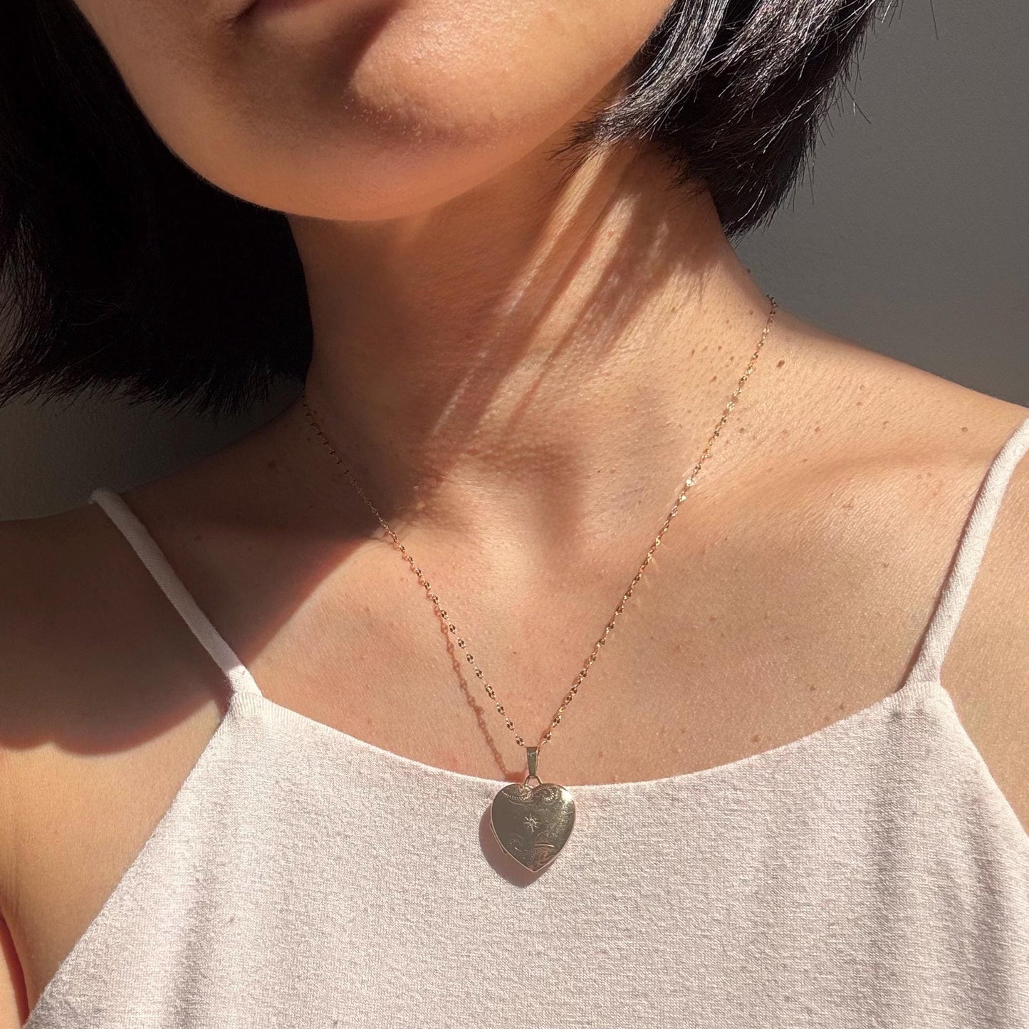 Vintage 9K Gold Heart Locket Necklace, Diamond Starburst Engraved, 10K Gold Chain