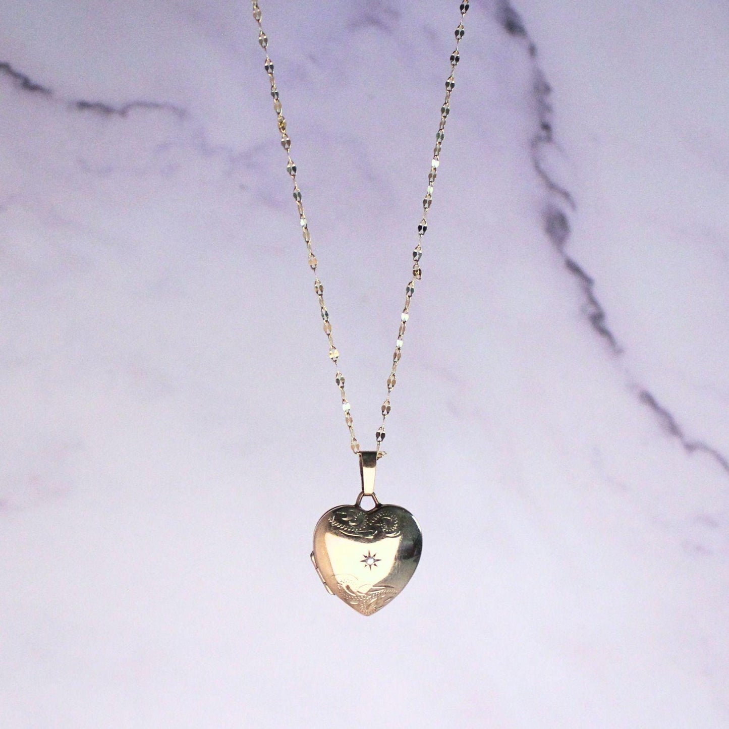 Vintage 9K Gold Heart Locket Necklace, Diamond Starburst Engraved, 10K Gold Chain