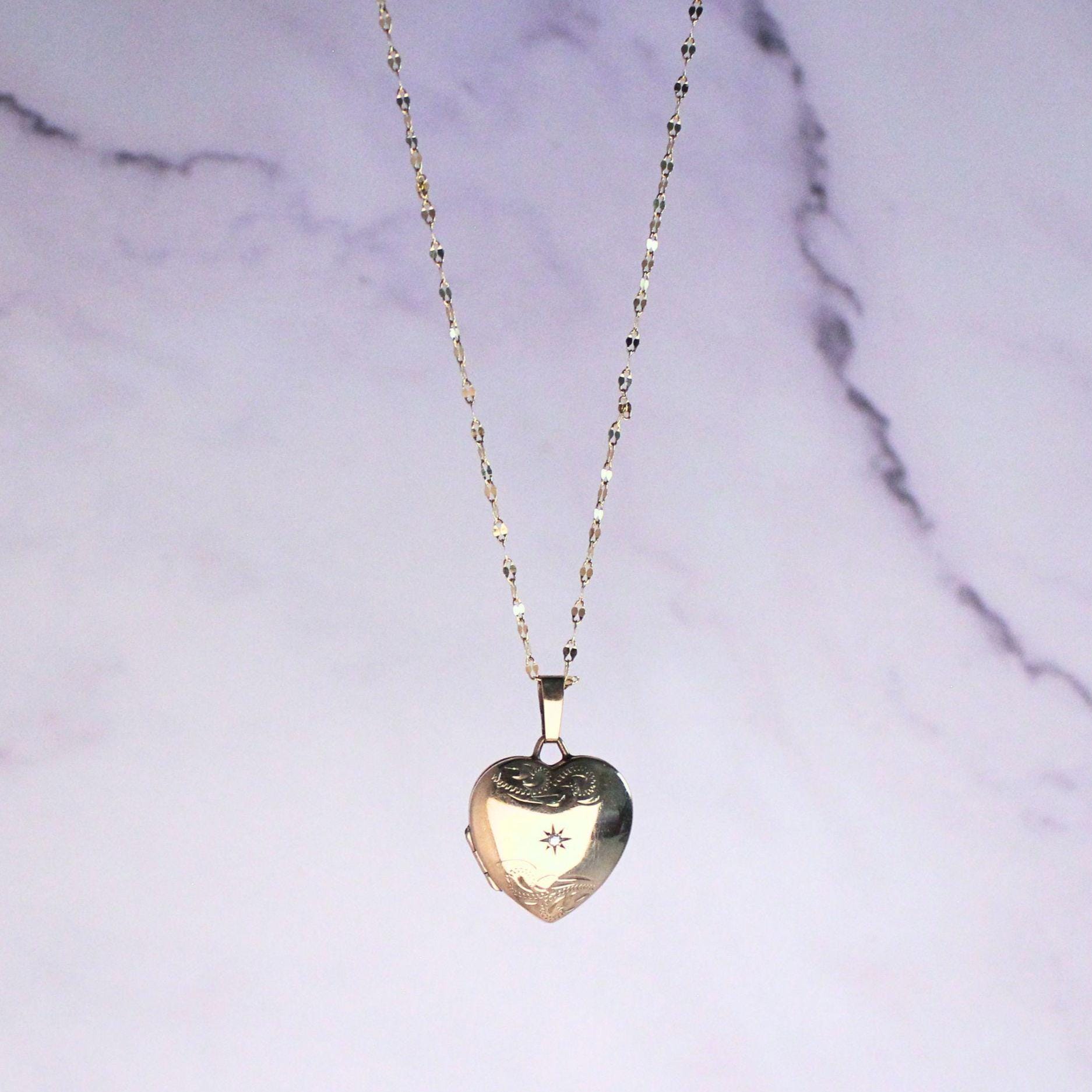 Vintage 9K Gold Heart Locket Necklace, Diamond Starburst Engraved, 10K Gold Chain