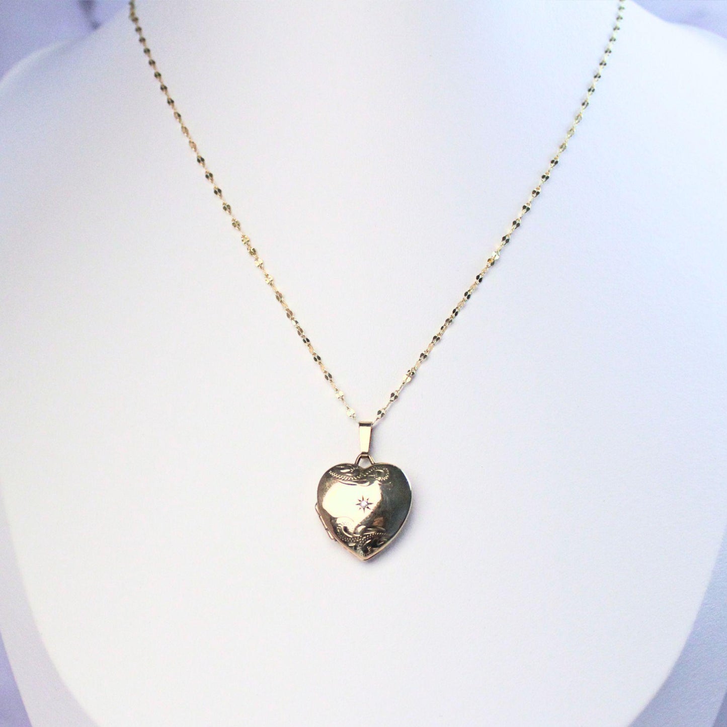 Vintage 9K Gold Heart Locket Necklace, Diamond Starburst Engraved, 10K Gold Chain