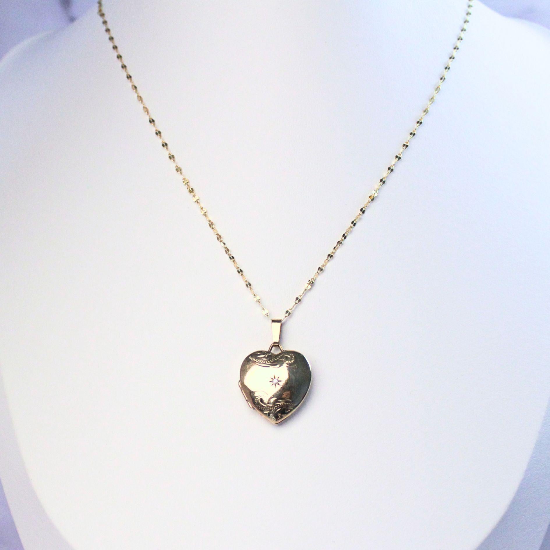Vintage 9K Gold Heart Locket Necklace, Diamond Starburst Engraved, 10K Gold Chain
