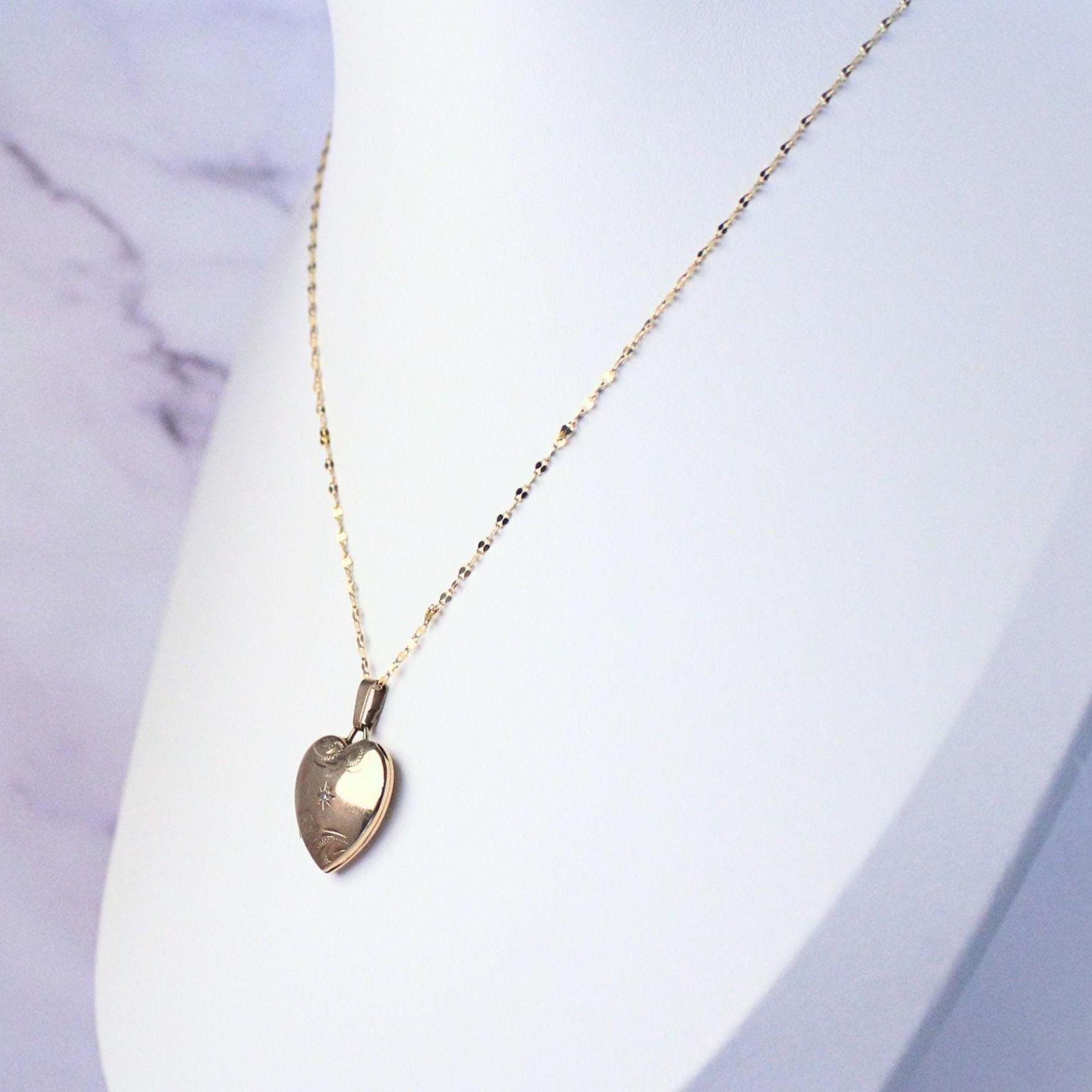 Vintage 9K Gold Heart Locket Necklace, Diamond Starburst Engraved, 10K Gold Chain