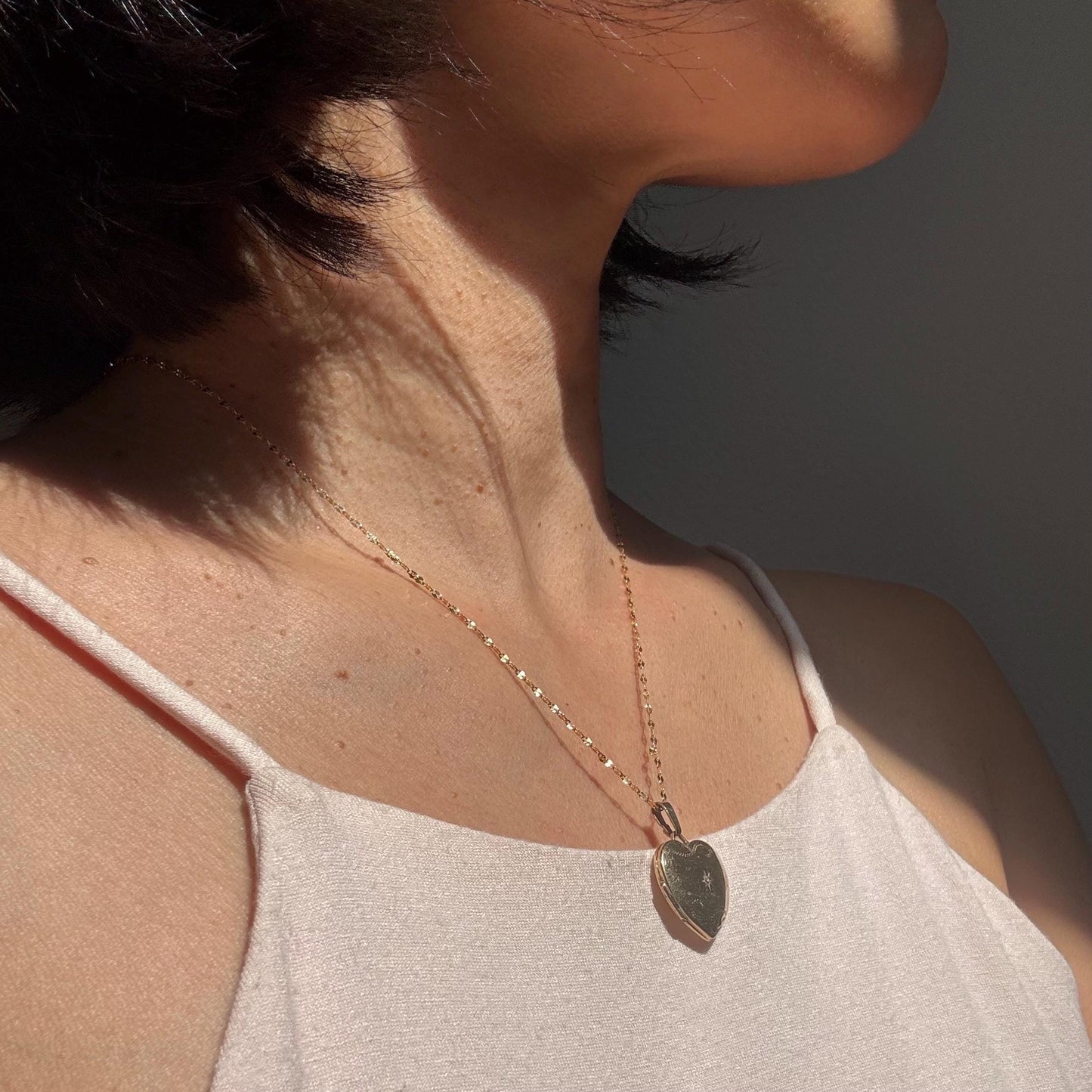 Vintage 9K Gold Heart Locket Necklace, Diamond Starburst Engraved, 10K Gold Chain