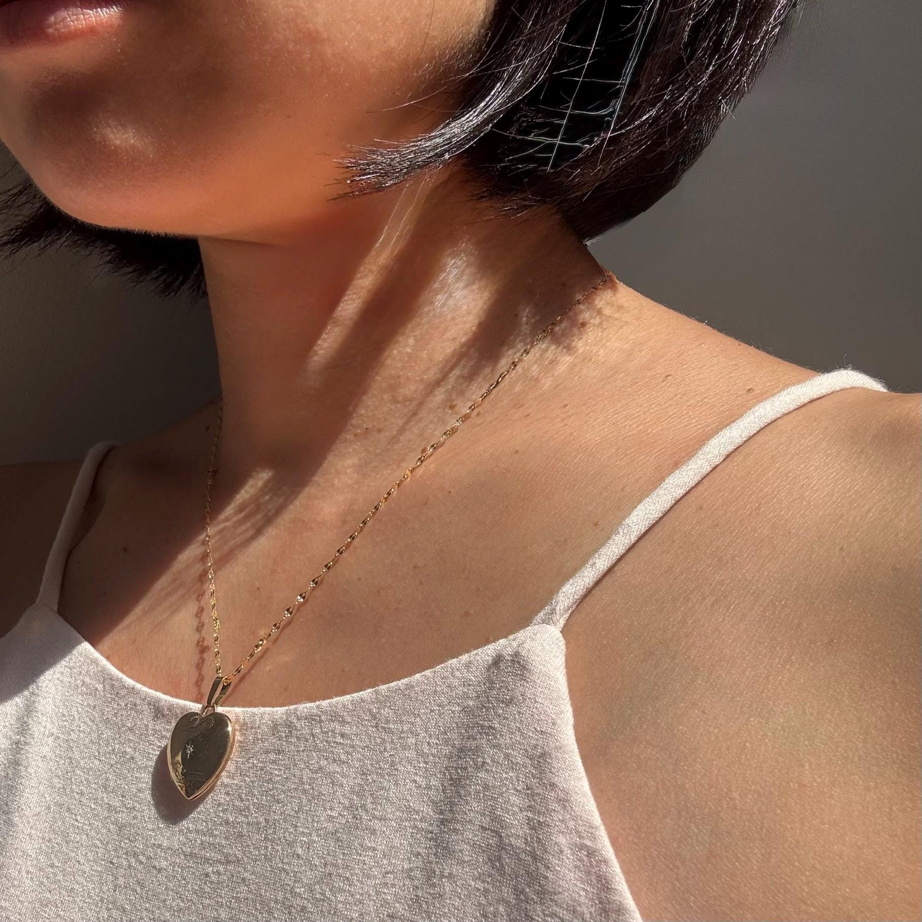 Vintage 9K Gold Heart Locket Necklace, Diamond Starburst Engraved, 10K Gold Chain