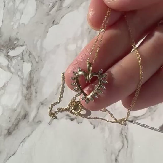 Vintage 10k Gold Heart Necklace with Natural Diamonds