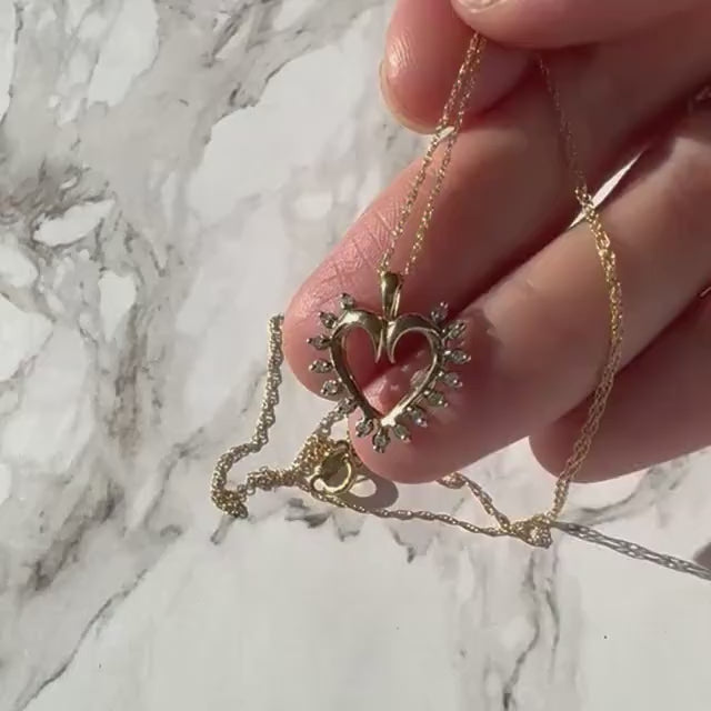Vintage 10k Gold Heart Necklace with Natural Diamonds