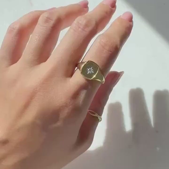 14K Solid Gold Astrid Signet Ring with Natural Diamond – Star Engraved Designd