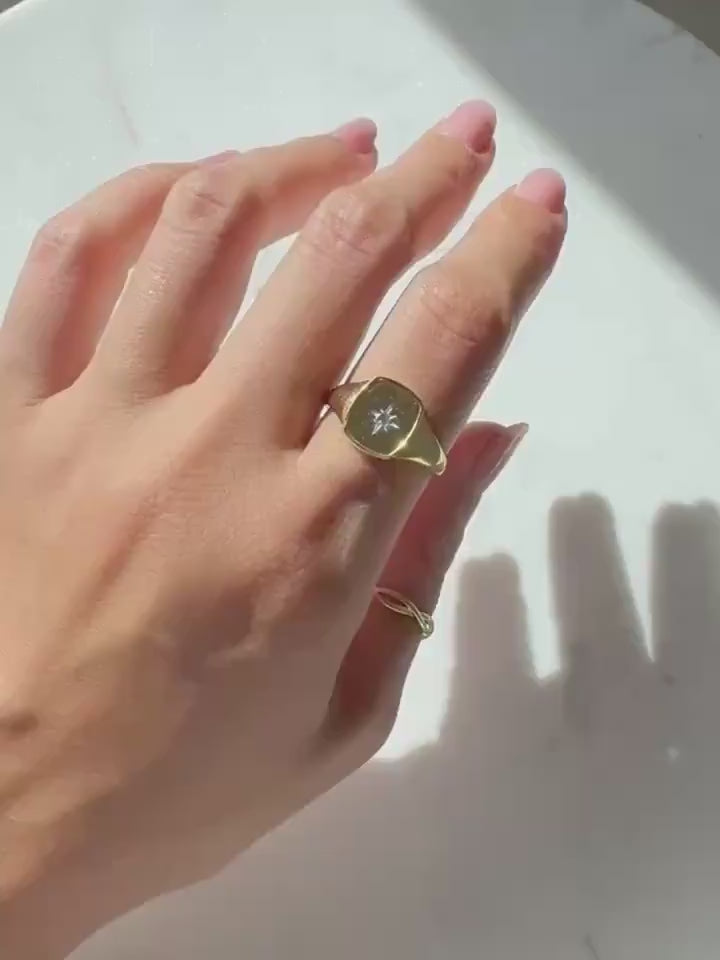 14K Solid Gold Astrid Signet Ring with Natural Diamond – Star Engraved Designd