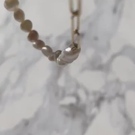 Freshwater Pearl Necklace: 14k Gold Plated Paperclip Chain, Adjustable Choker