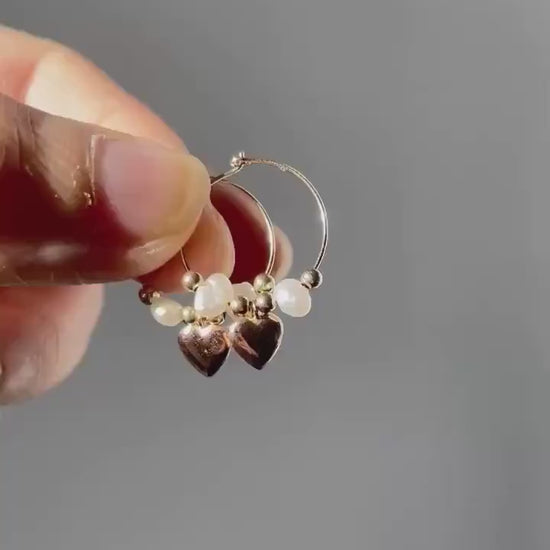 14k Gold Heart Hoop Earrings: Freshwater Pearl Charm Hoops