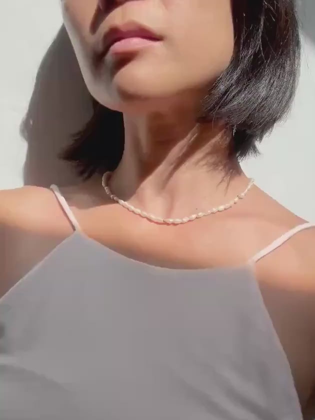 Authentic Rice Pearl 16” Necklace With 14k Solid Gold Beads Precious Fine Vintage Jewelry