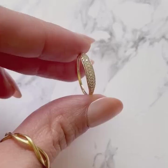 10k Solid Gold Basil Ring in CZ Pavé Design - Slim Signet Style