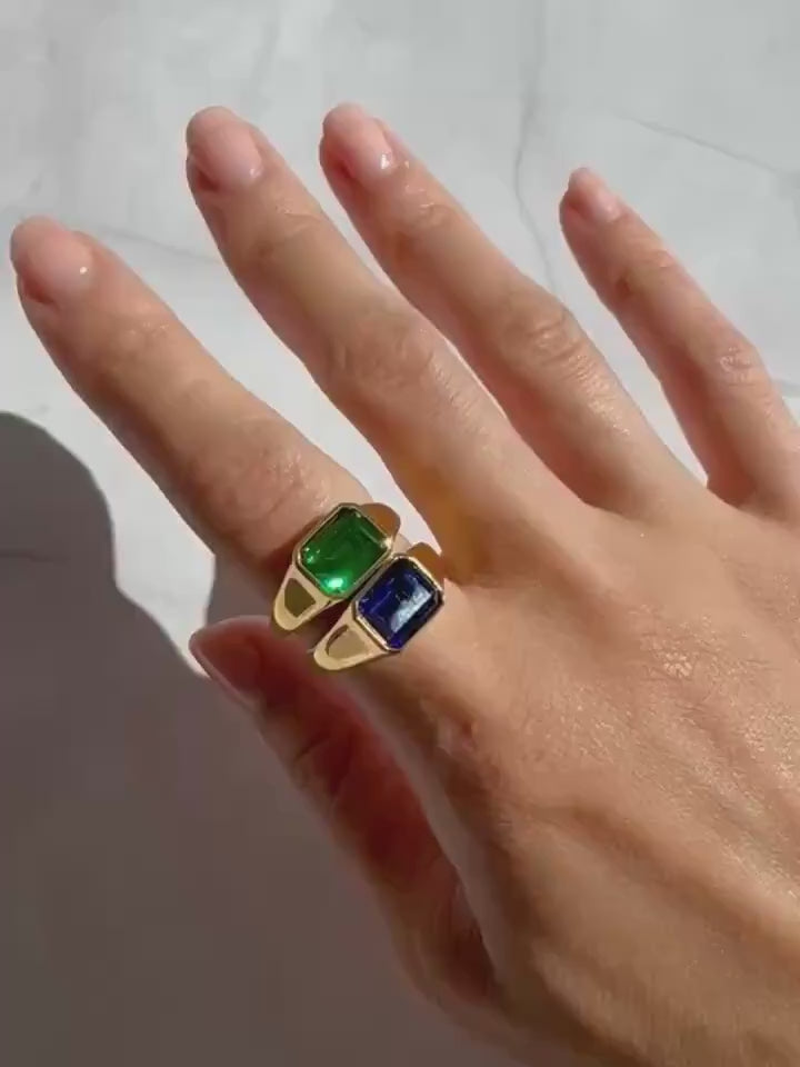 14K Gold Atlas Signet Ring: Emerald-Cut Synthetic Emerald Statement