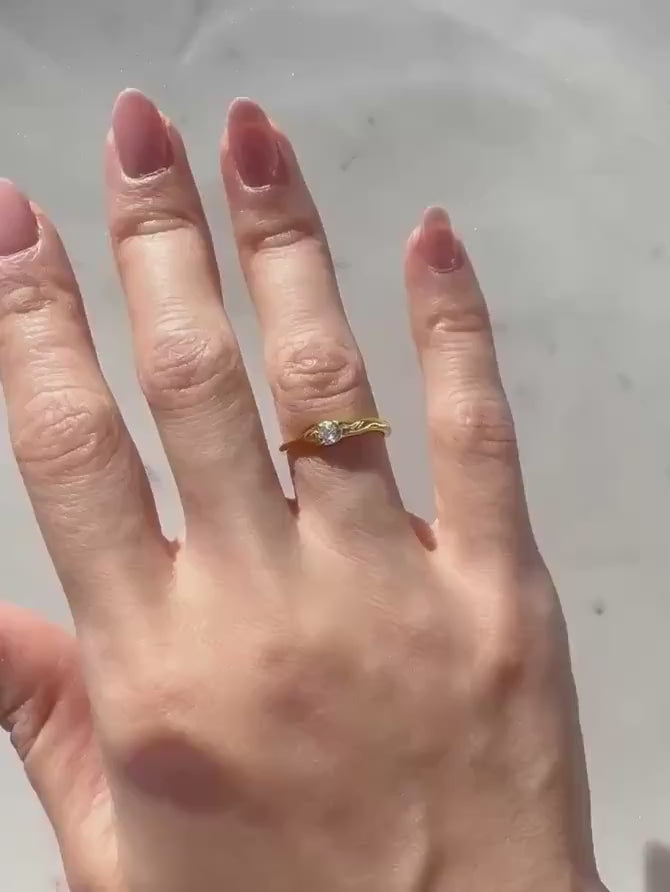 14K Gold Plated Sterling Silver Adjustable Juniper Ring with Zircon – Delicate Minimalist Everyday Jewelry