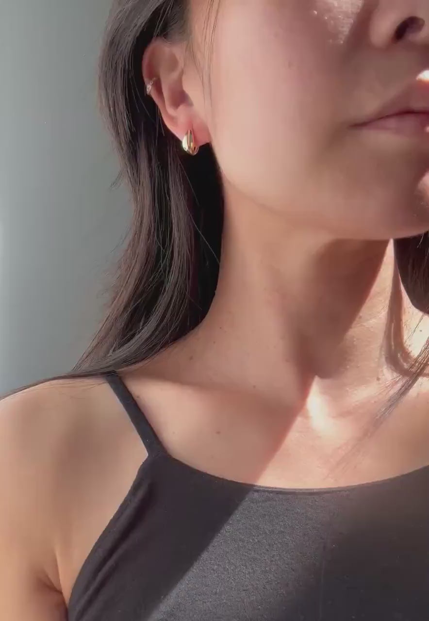 10k Solid Gold Arbor Huggie Hoop Earrings: Sculpted Arbor Design