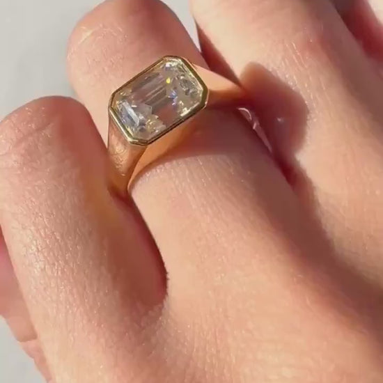 14K Gold Atlas Signet Ring with Emerald-Cut Moissanite – Modern Minimalist Design