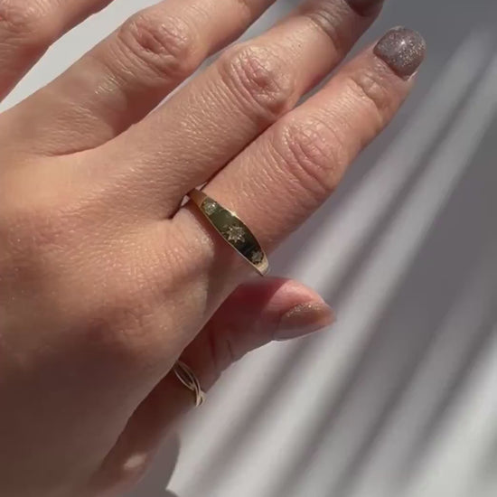 14k solid gold celestial ring with 3 natural diamonds gypsy signet ring inspired precious fine jewelry
