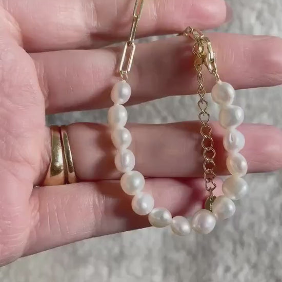 Natural Pearl Bracelet: 14k Gold Sterling Silver Paperclip Chain