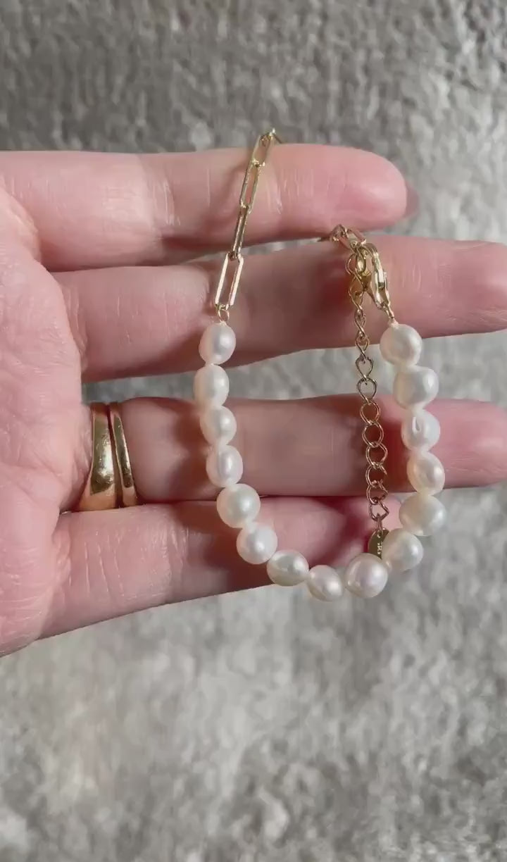 Natural Pearl Bracelet: 14k Gold Sterling Silver Paperclip Chain