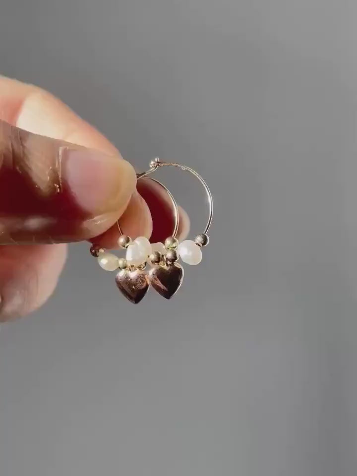 14k Gold Heart Hoop Earrings: Freshwater Pearl Charm Hoops