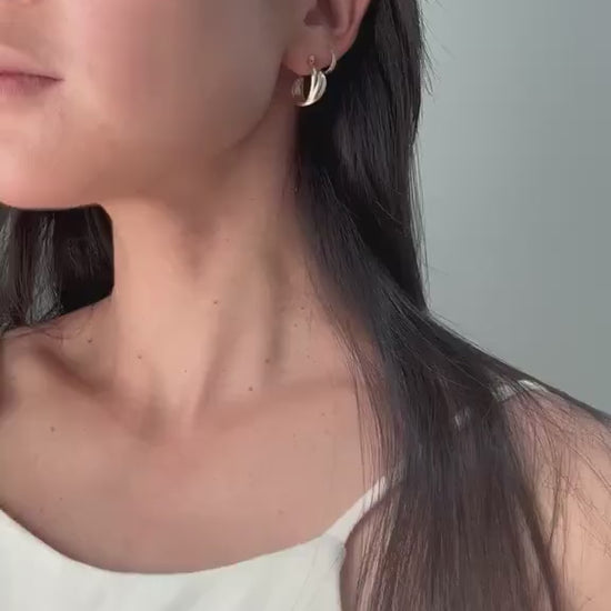 14k Solid Gold Tricolor Hoop Earrings: Twisted Huggie Style