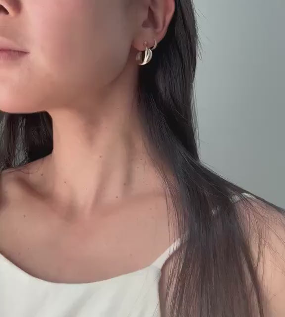 14k Solid Gold Tricolor Hoop Earrings: Twisted Huggie Style