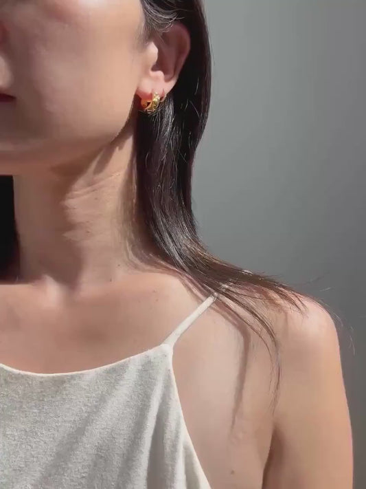 18K Solid Gold Geometric Huggie Eleanor Hoop Earrings: Chunky Textured Mini Hoops