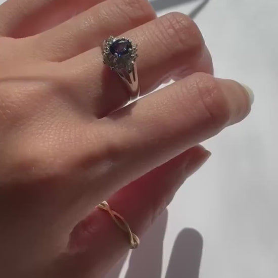 Petite authentic natural sapphire and natural diamond ring with platinum band precious vintage jewelry