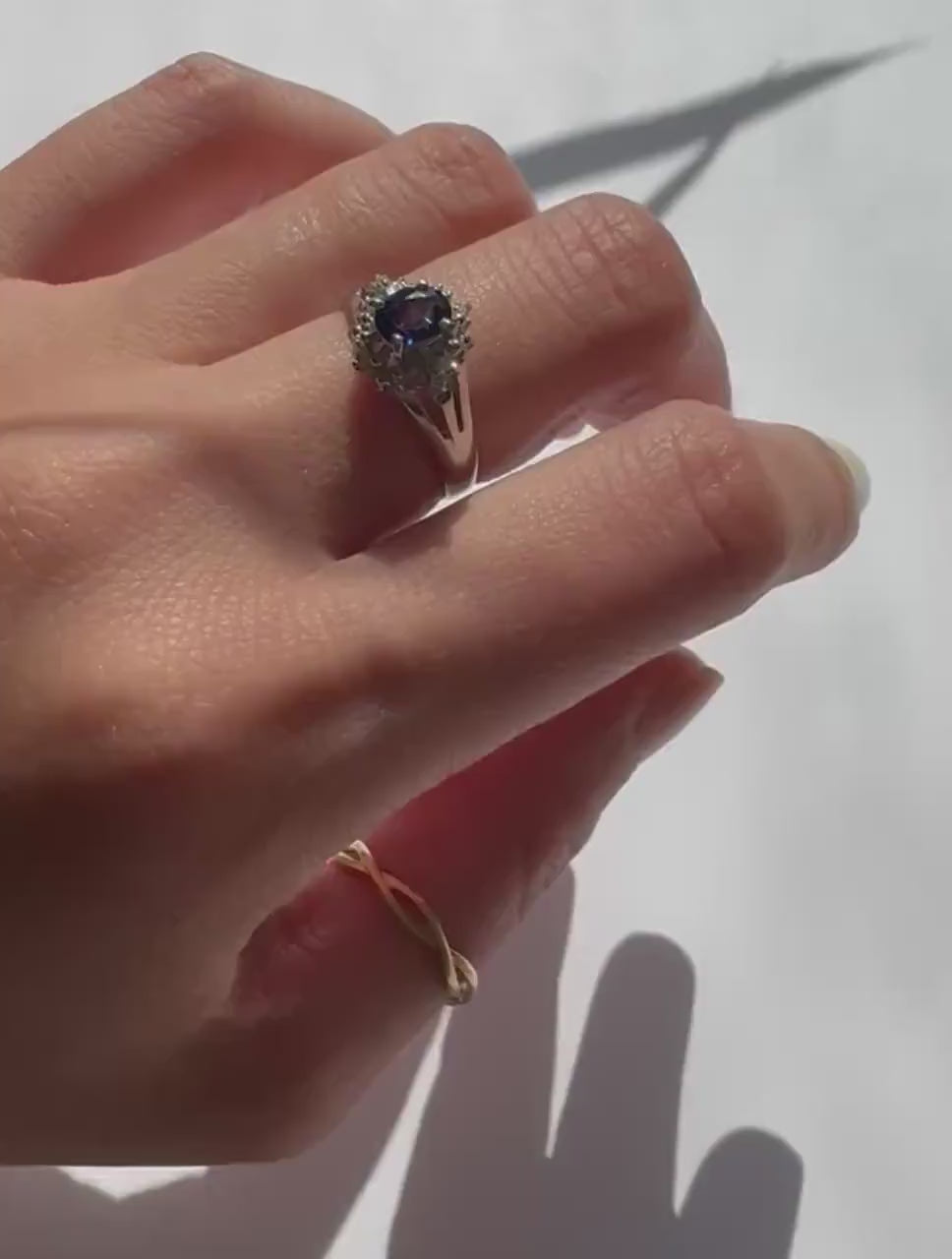 Petite authentic natural sapphire and natural diamond ring with platinum band precious vintage jewelry