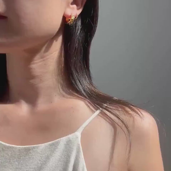 18K Solid Gold Geometric Huggie Eleanor Hoop Earrings: Chunky Textured Mini Hoops