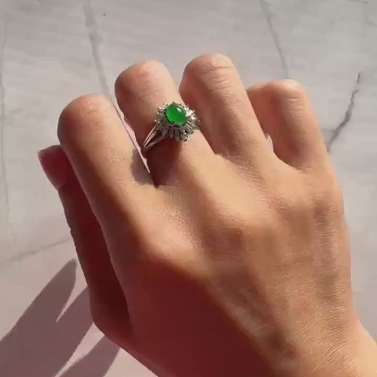 Petite Green Jade Ring: Diamond Halo, Solid Platinum Band, Vintage Style