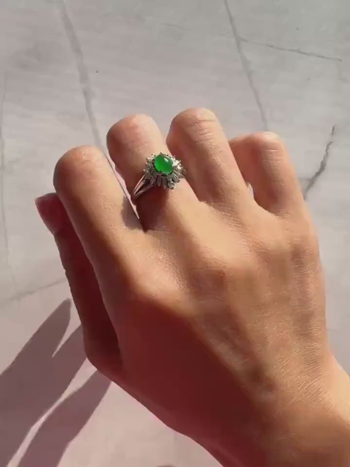 Petite Green Jade Ring: Diamond Halo, Solid Platinum Band, Vintage Style