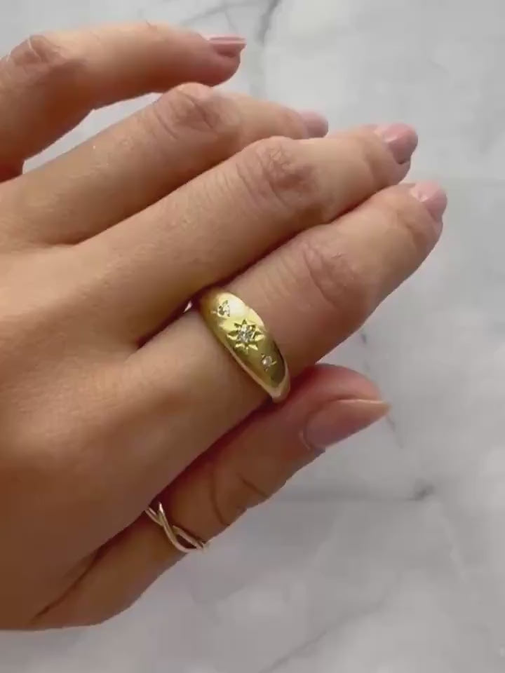 18K Solid Gold Gypsy Ring with Natural Diamonds | Vintage Starburst Ring